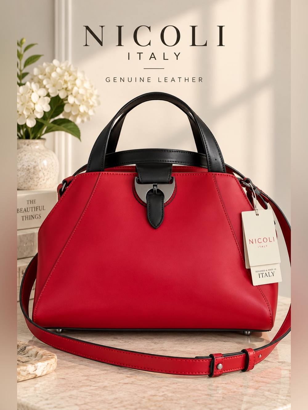 Nicoli Italy Jade 2770A Red & Black Leather Satchel Crossbody Bag NWT